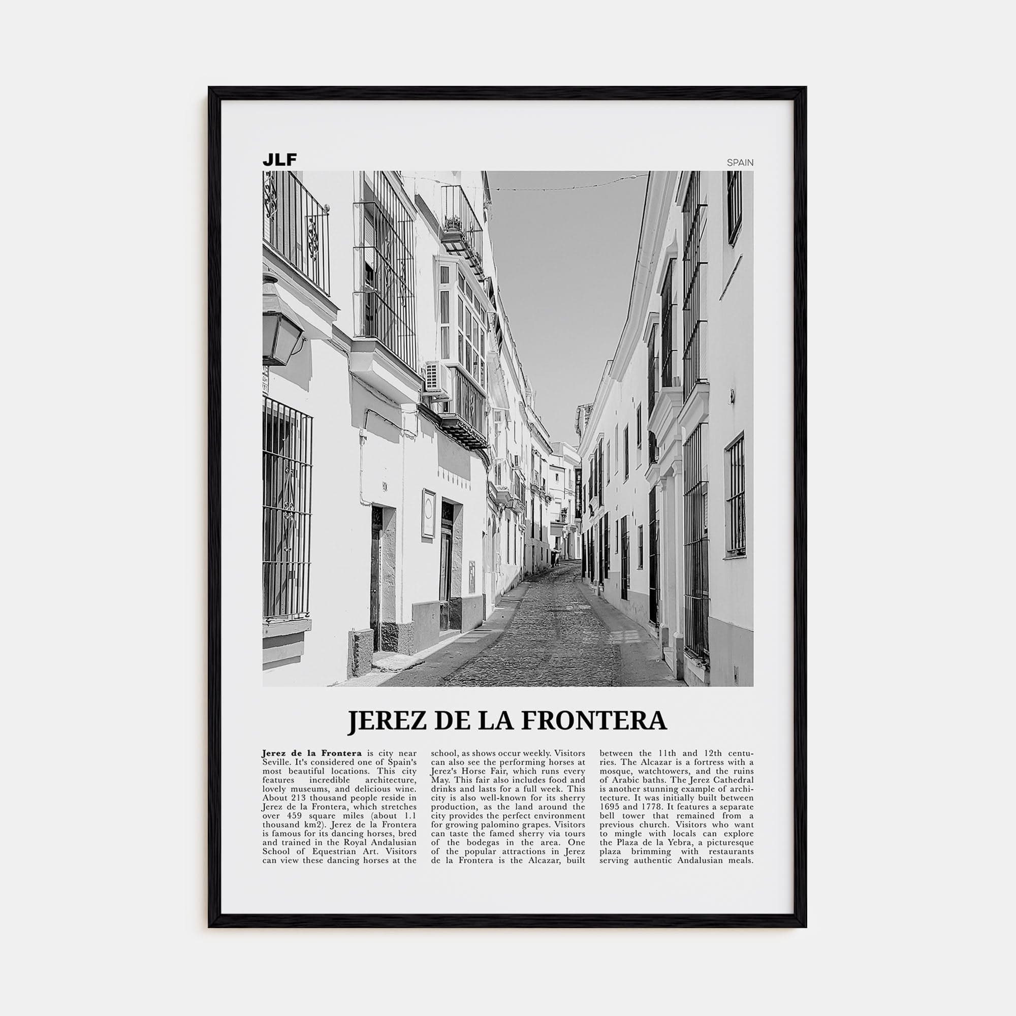 Jerez de la Frontera Poster Black Wood / 8x12 in Nbourhood Travel B&W Poster