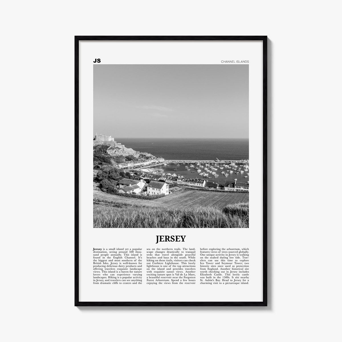 Jersey, Channel Islands no. 2 black & white newspaper poster of Channel Islands – vertical wall art, unframed print shown in 