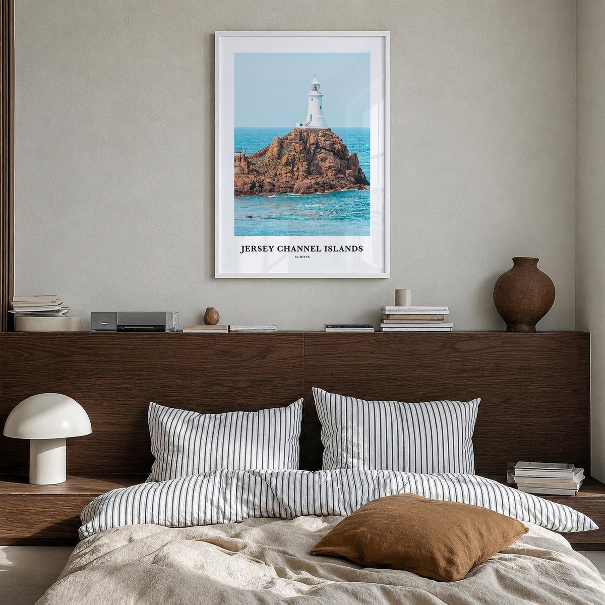 Jersey, Channel Islands no. 2 colorful classic poster of Channel Islands – vertical wall art in white wood frame, hanging on 