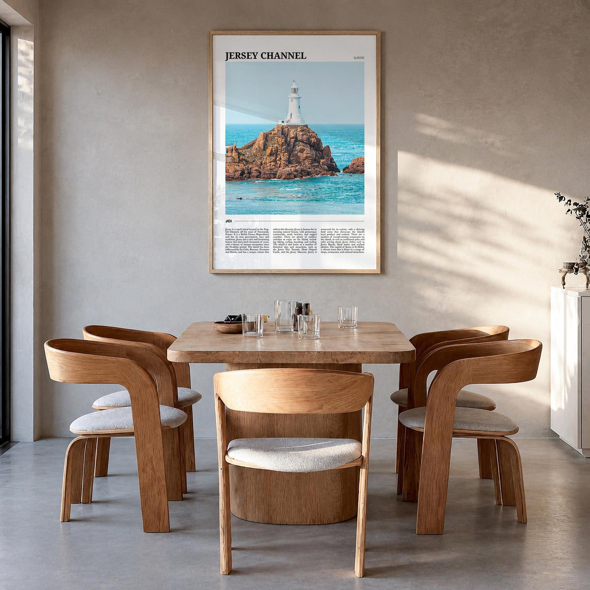 Jersey, Channel Islands no. 2 colorful travel poster of Channel Islands – vertical wall art in natural wood frame, hanging on