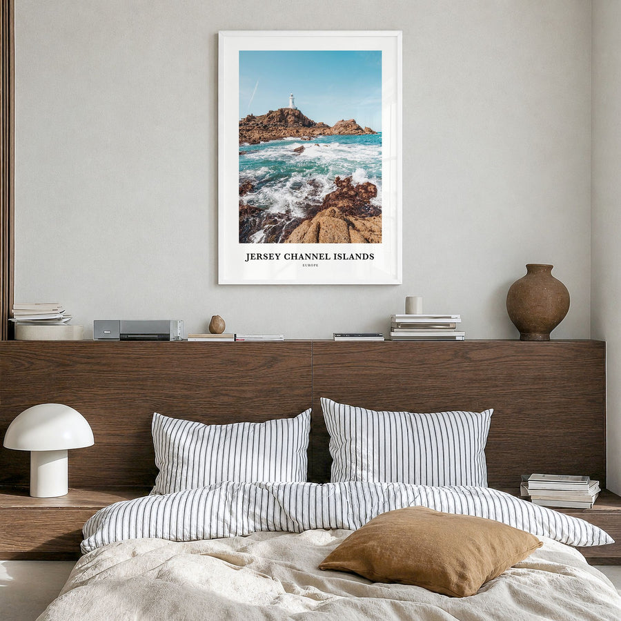 Jersey, Channel Islands Classic No 1 Poster in a white wood frame, hanging in a bedroom