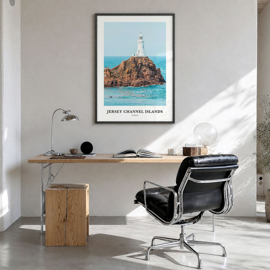 Jersey, Channel Islands Classic No 2 Poster in a black wood frame, hanging in a bright home office
