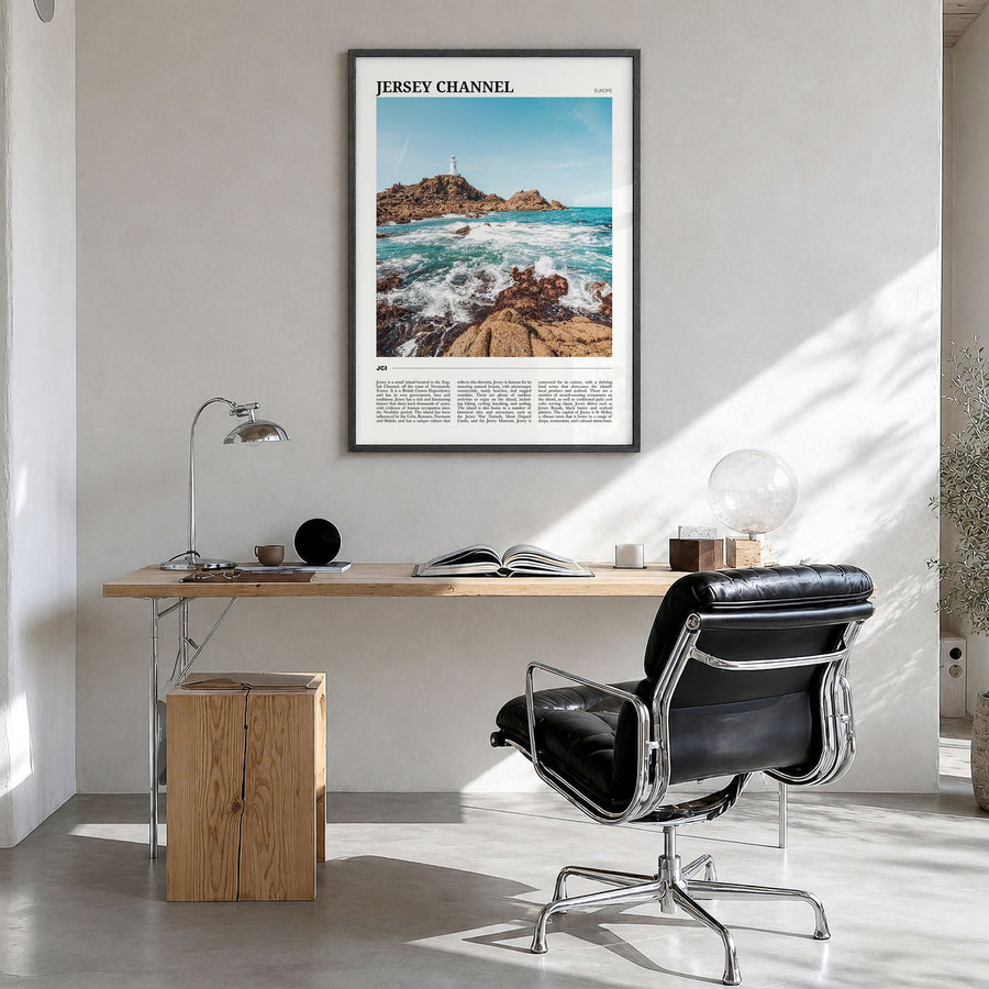 Jersey, Channel Islands Travel No 1 Poster in a black wood frame, hanging in a bright home office