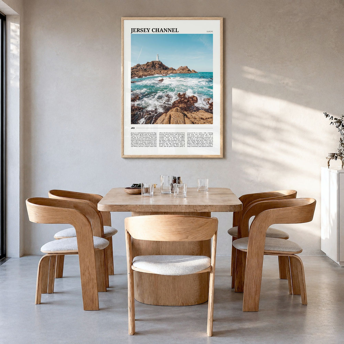 Jersey, Channel Islands Travel No 1 Poster in a natural wood frame, hanging in a dining room