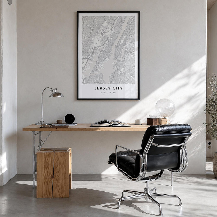 Jersey City black & white map poster of New Jersey, USA – vertical wall art in black wood frame, hanging on wall
