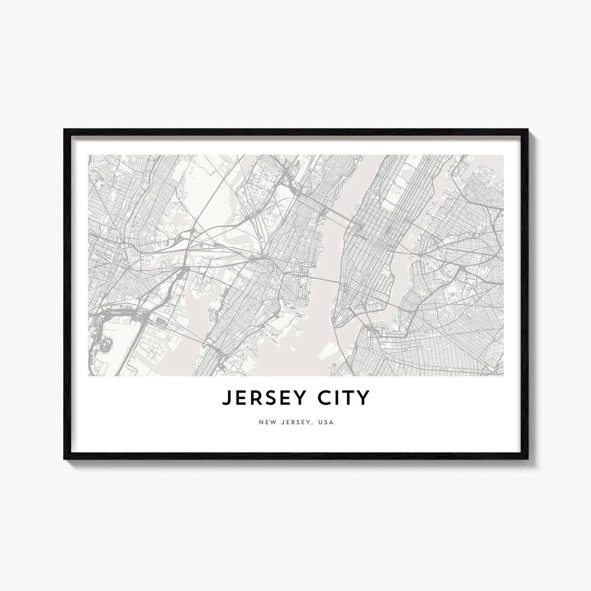 Jersey City black & white map poster of New Jersey, USA – horizontal wall art, unframed print shown in interior mockup