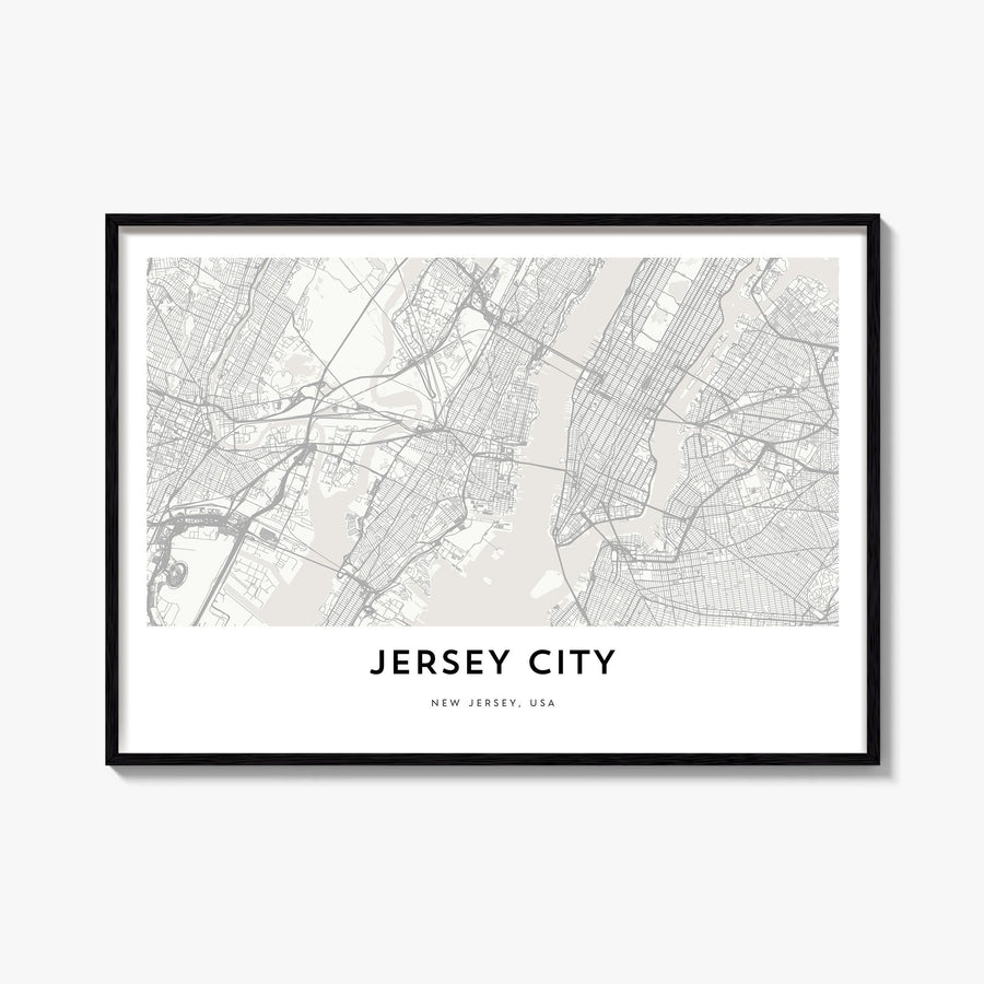 Jersey City black & white map poster of New Jersey, USA – horizontal wall art, unframed print shown in interior mockup