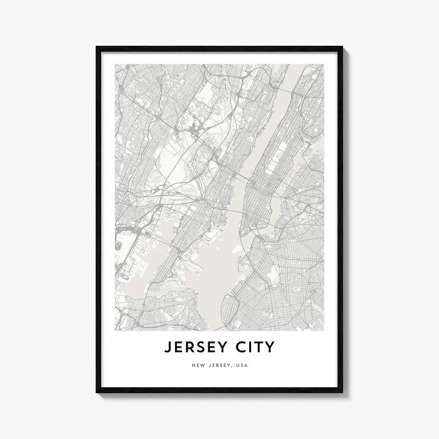 Jersey City black & white map poster of New Jersey, USA – vertical wall art, unframed print shown in interior mockup