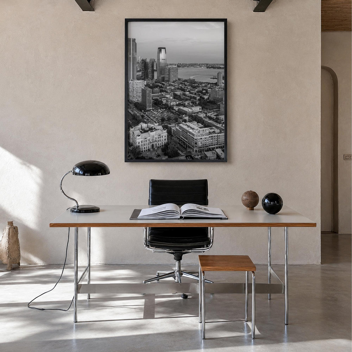 Jersey City black & white photo poster of New Jersey, USA – vertical wall art in black wood frame, hanging on wall