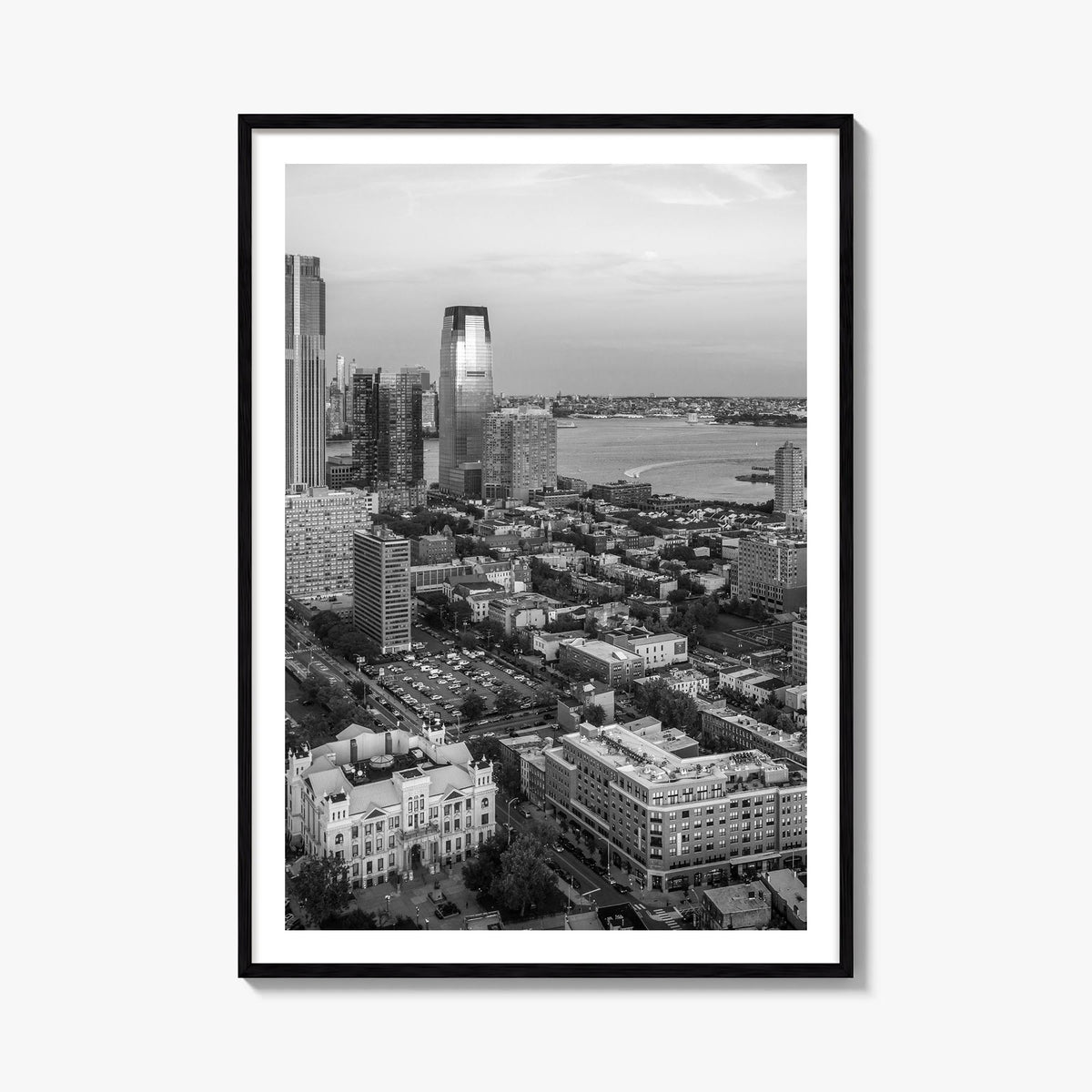 Jersey City black & white photo poster of New Jersey, USA – vertical wall art, unframed print shown in interior mockup
