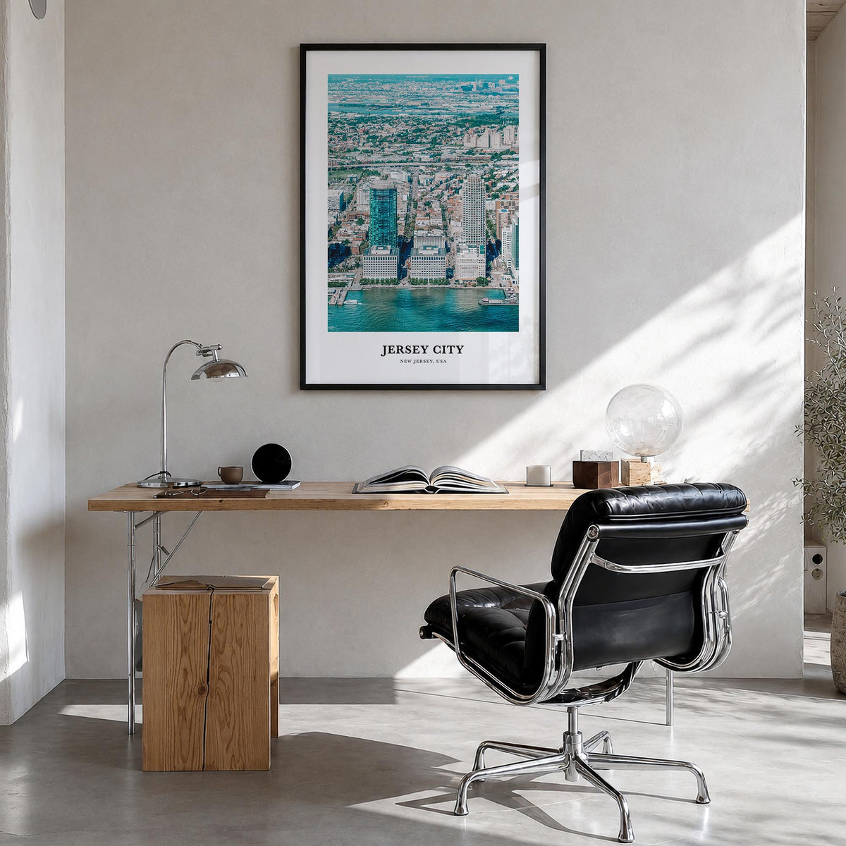 Jersey City colorful classic poster of New Jersey, USA – vertical wall art in black wood frame, hanging on wall