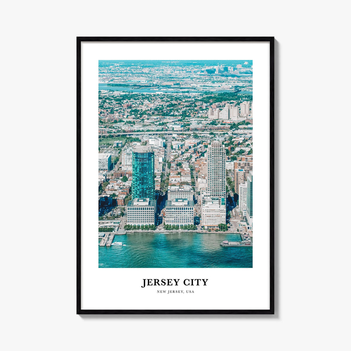 Jersey City colorful classic poster of New Jersey, USA – vertical wall art, unframed print shown in interior mockup