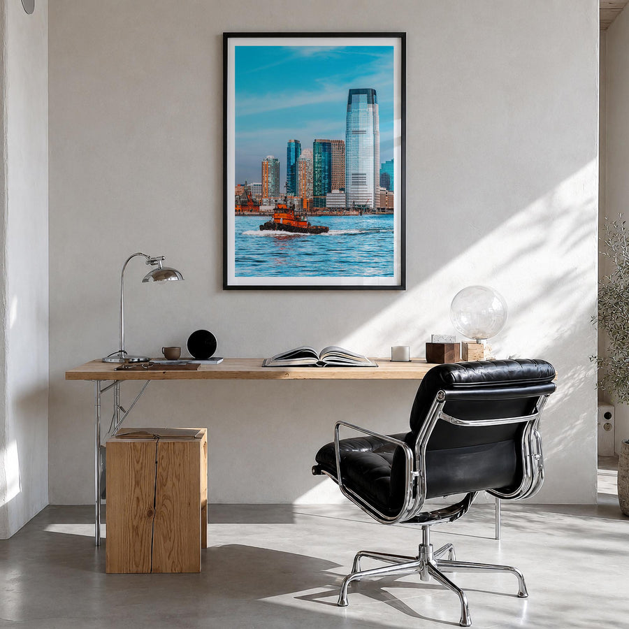 Jersey City colorful photo poster of New Jersey, USA – vertical wall art in black wood frame with white border, hanging on wa