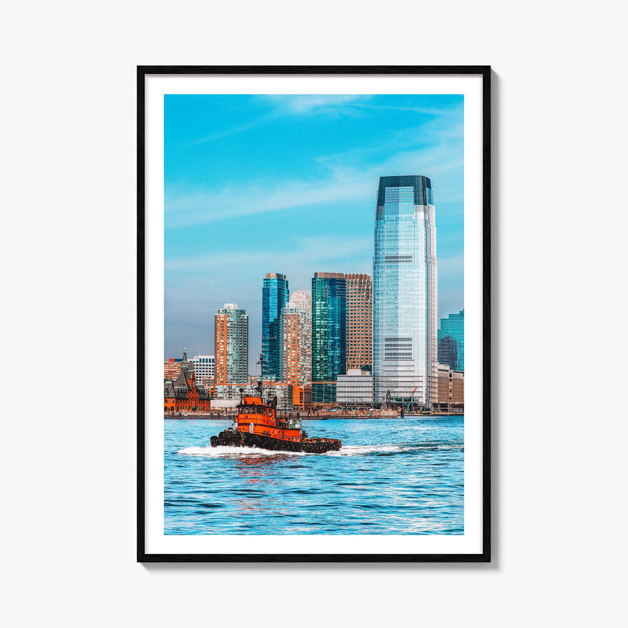 Jersey City colorful photo poster of New Jersey, USA – vertical wall art, unframed print shown in interior mockup