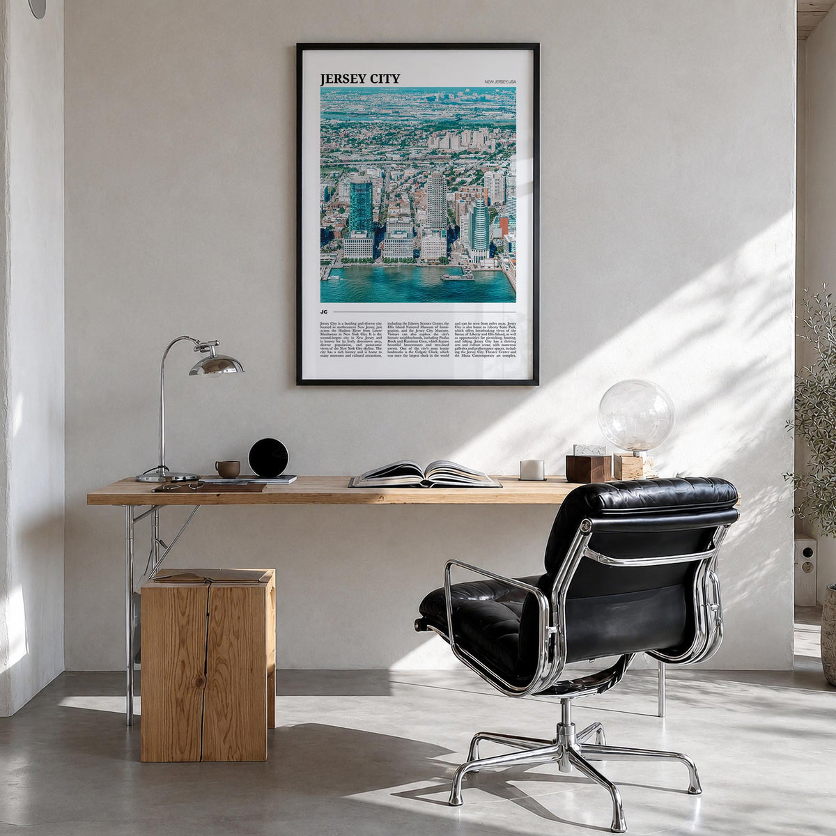 Jersey City colorful travel poster of New Jersey, USA – vertical wall art in black wood frame, hanging on wall