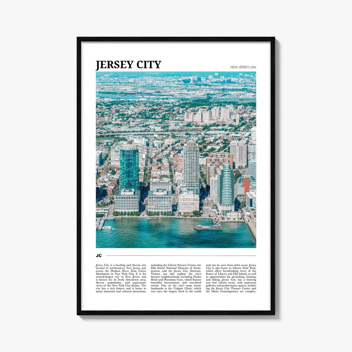 Jersey City colorful travel poster of New Jersey, USA – vertical wall art, unframed print shown in interior mockup