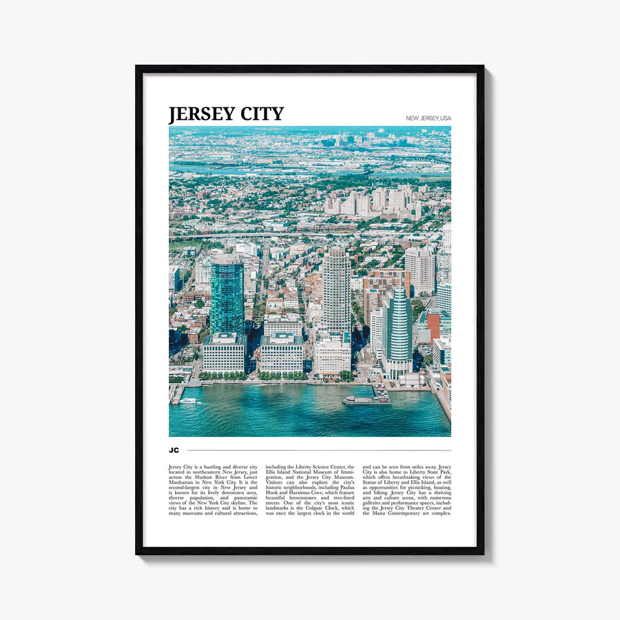 Jersey City colorful travel poster of New Jersey, USA – vertical wall art, unframed print shown in interior mockup