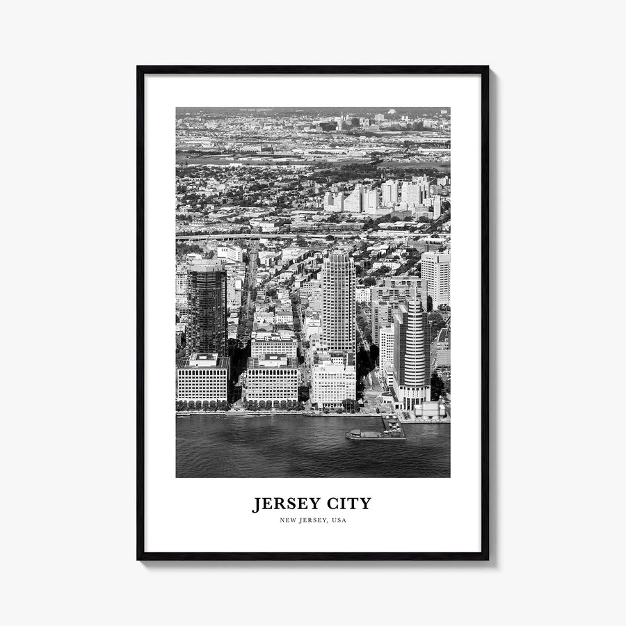 Jersey City no. 1 black & white classic poster of New Jersey, USA – vertical wall art, unframed print shown in interior mocku