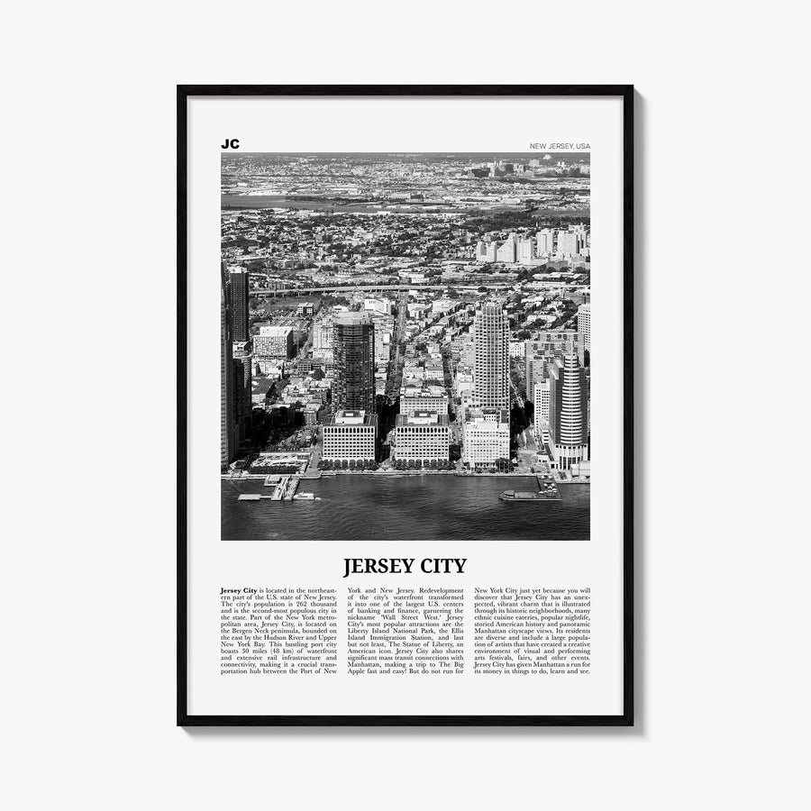 Jersey City no. 1 black & white newspaper poster of New Jersey, USA – vertical wall art, unframed print shown in interior moc