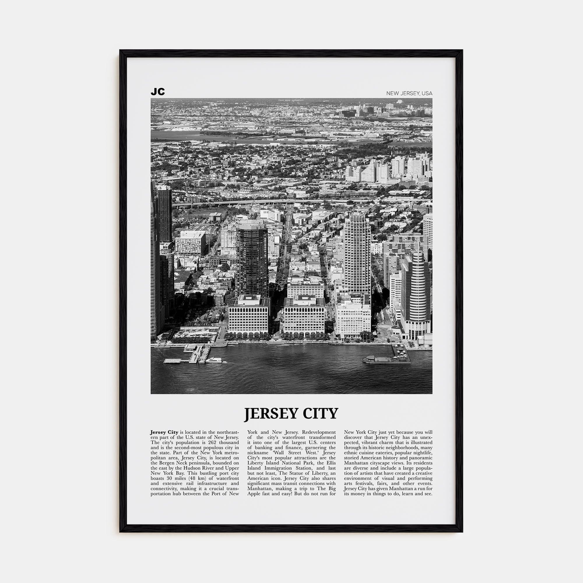 Jersey City No 1 Poster Black Wood / 8x12 in Nbourhood Travel B&W Poster