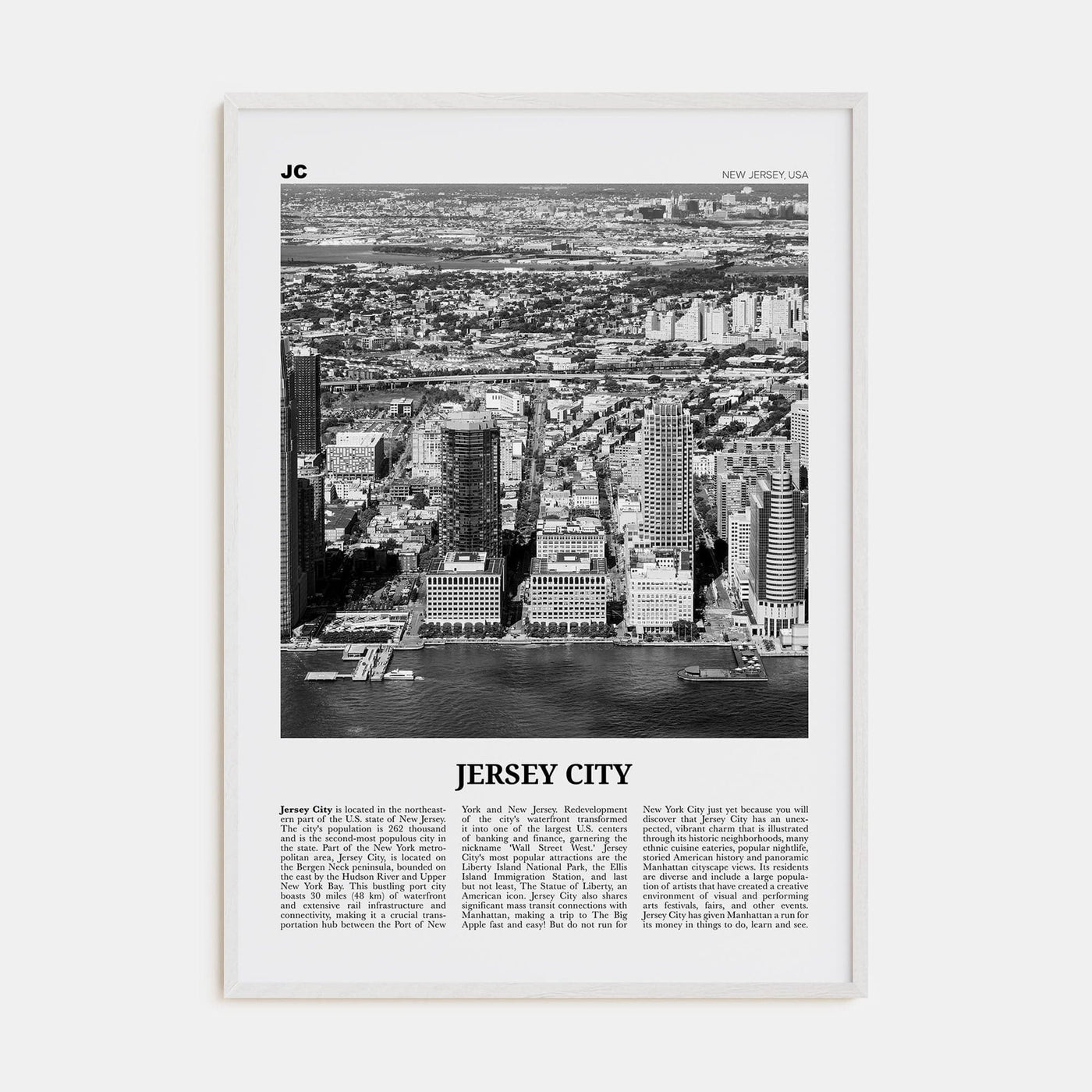 Jersey City No 1 Poster White Wood / 8x12 in Nbourhood Travel B&W Poster