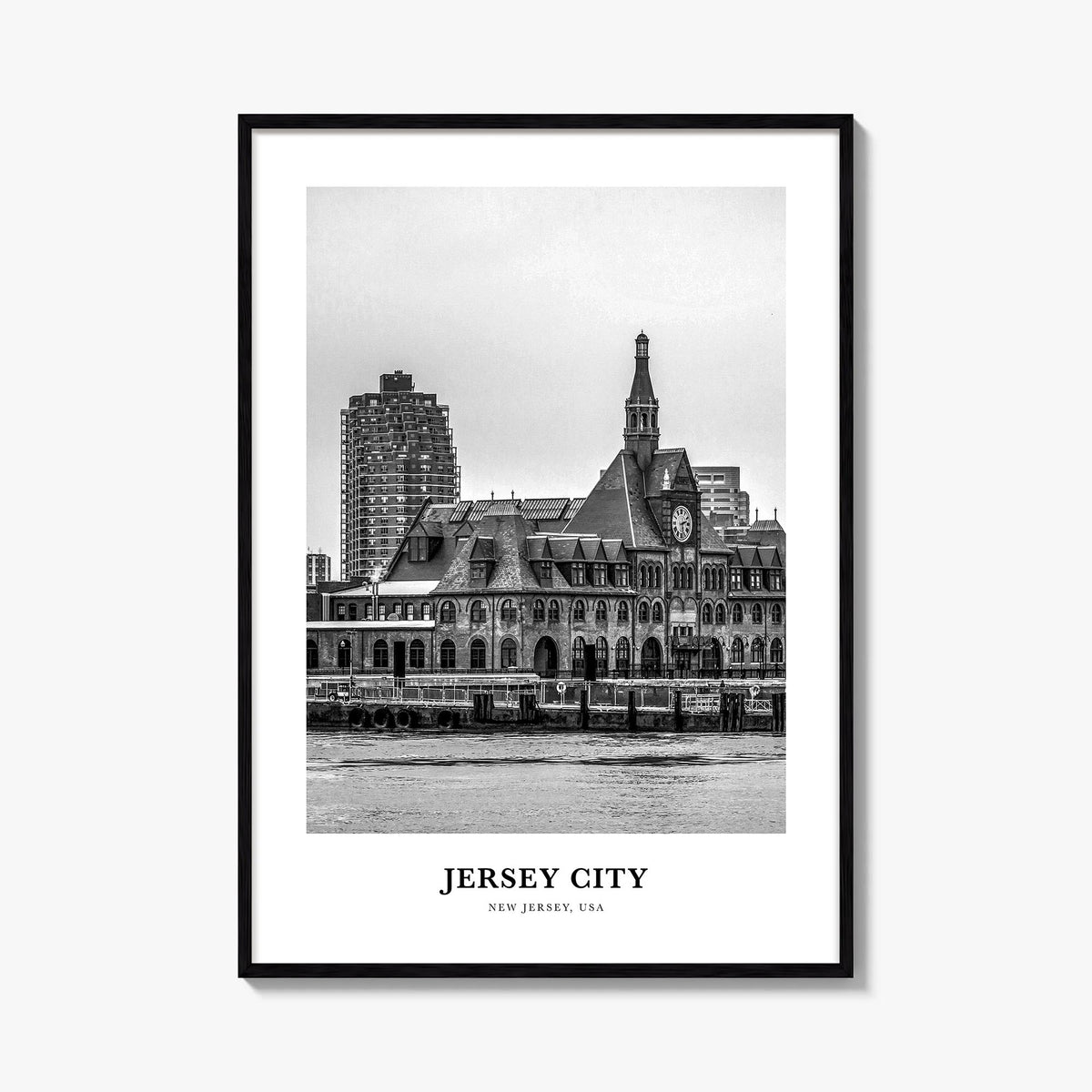 Jersey City no. 2 black & white classic poster of New Jersey, USA – vertical wall art, unframed print shown in interior mocku