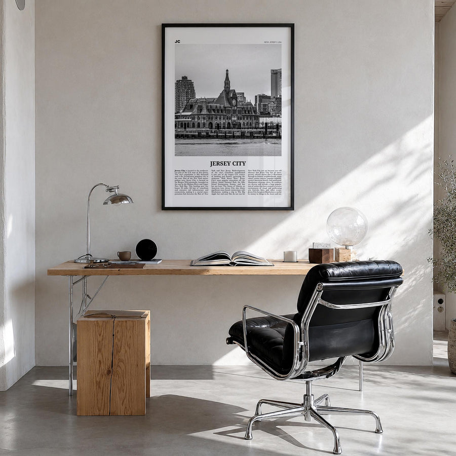 Jersey City no. 2 black & white newspaper poster of New Jersey, USA – vertical wall art in black wood frame, hanging on wall