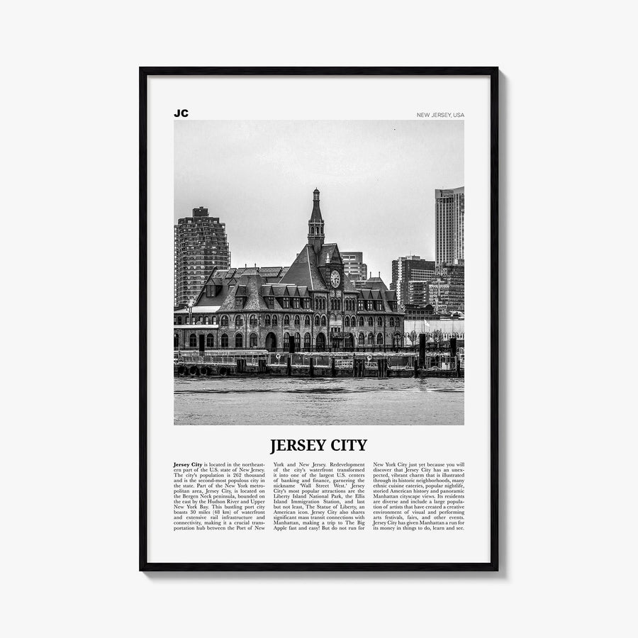 Jersey City no. 2 black & white newspaper poster of New Jersey, USA – vertical wall art, unframed print shown in interior moc