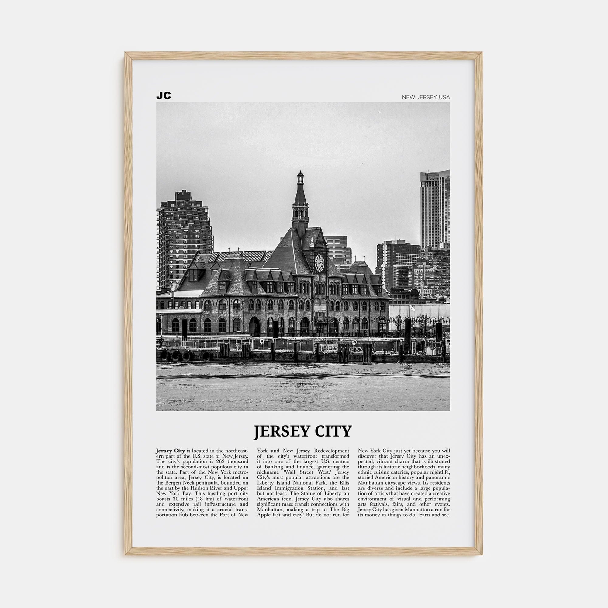 Jersey City No 2 Poster Natural Wood / 8x12 in Nbourhood Travel B&W Poster