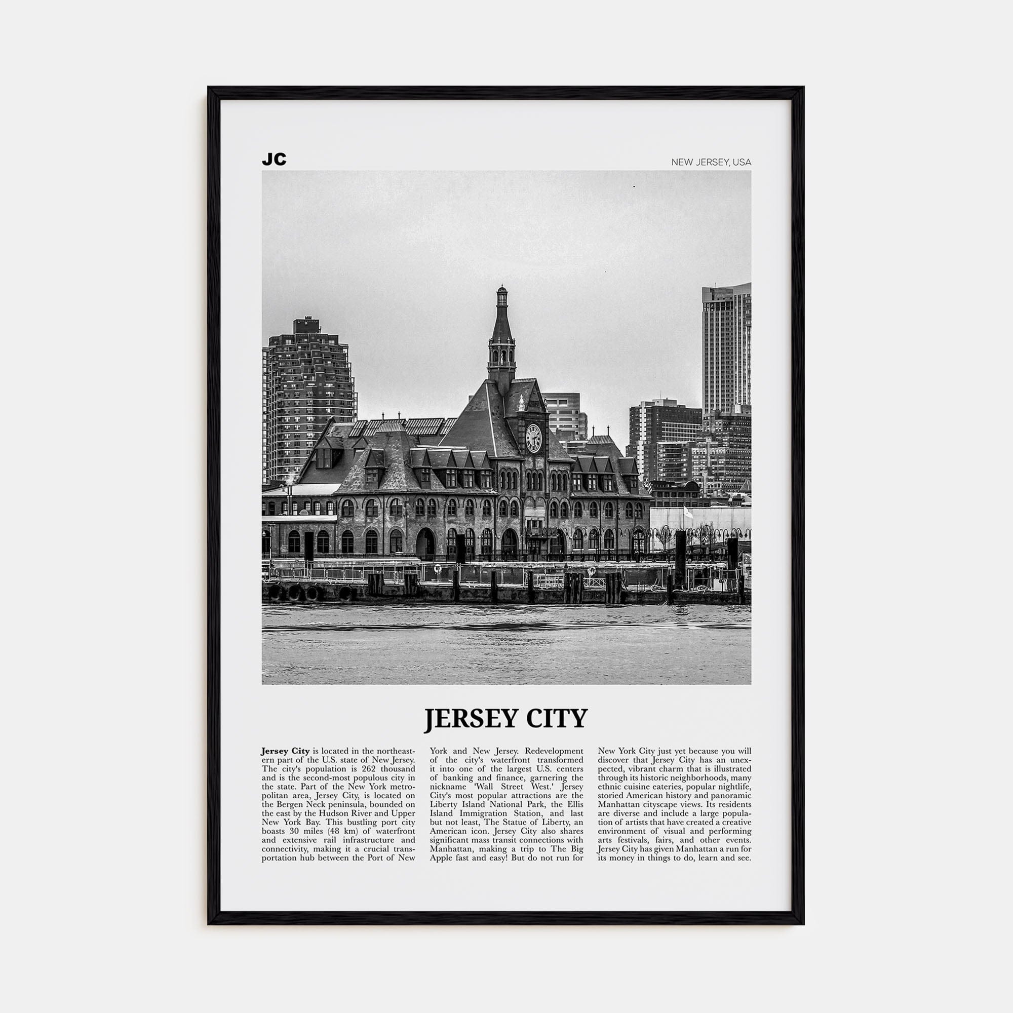 Jersey City No 2 Poster Black Wood / 8x12 in Nbourhood Travel B&W Poster