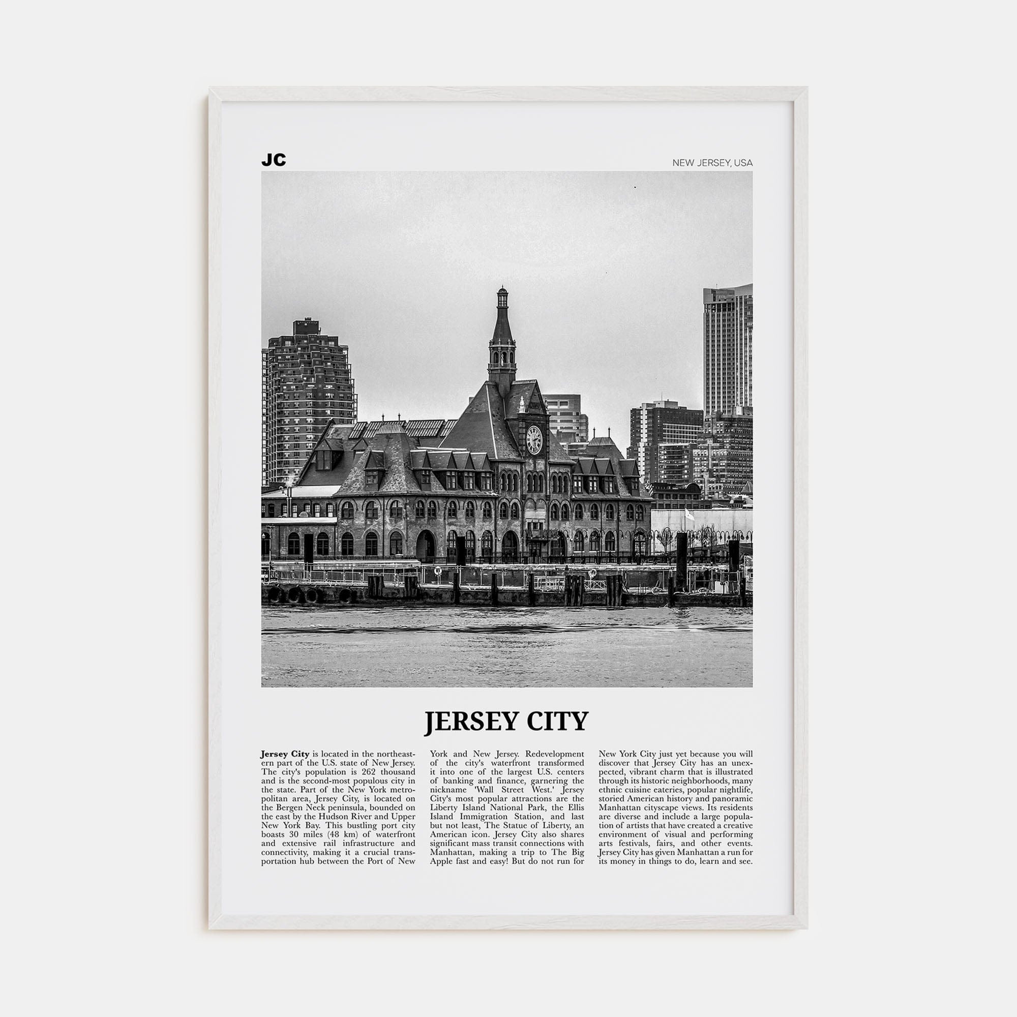 Jersey City No 2 Poster White Wood / 8x12 in Nbourhood Travel B&W Poster