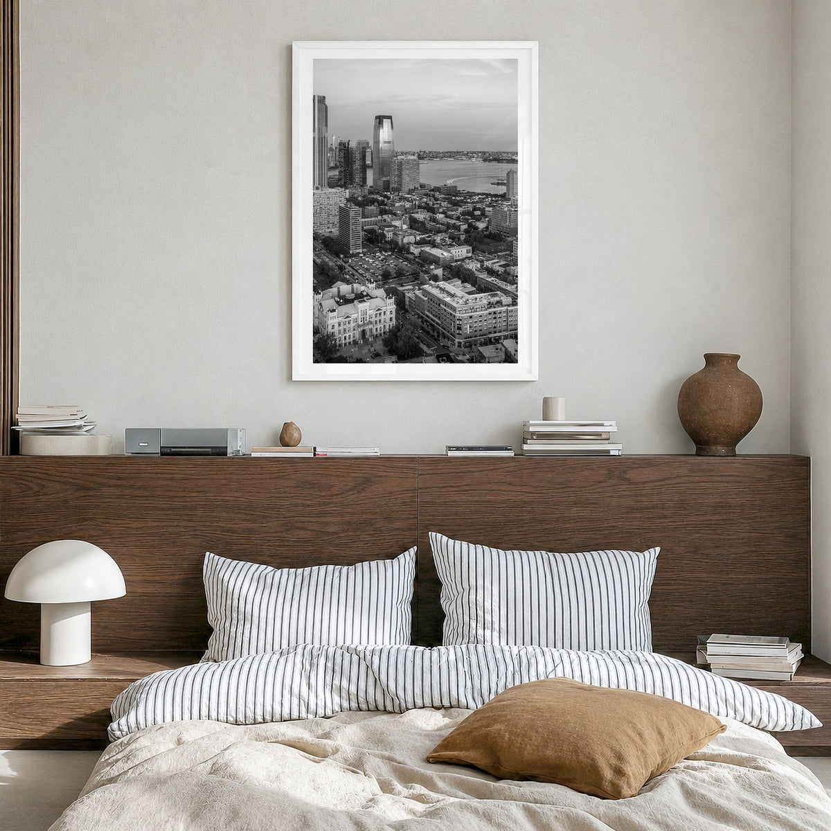 Jersey City Photo Poster in a white wood frame, hanging in a bedroom, white border