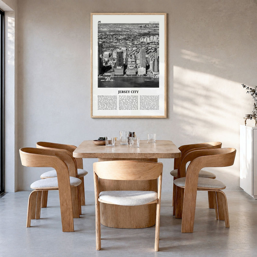 Jersey City Newspaper No 1 Poster in a natural wood frame, hanging in a dining room
