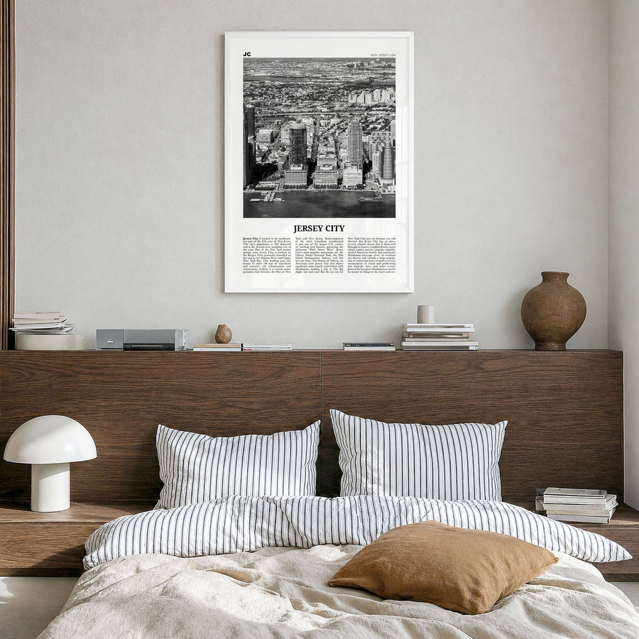 Jersey City Newspaper No 1 Poster in a white wood frame, hanging in a bedroom