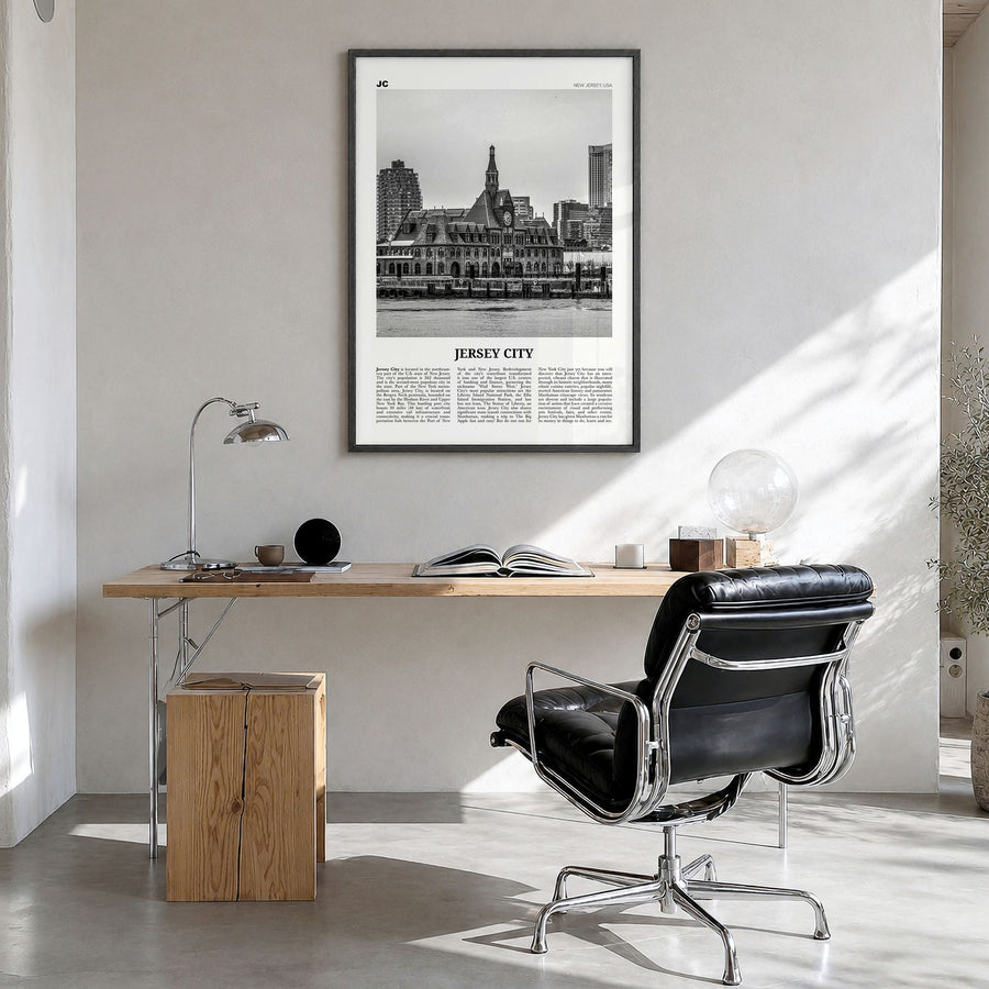 Jersey City Newspaper No 2 Poster in a black wood frame, hanging in a bright home office