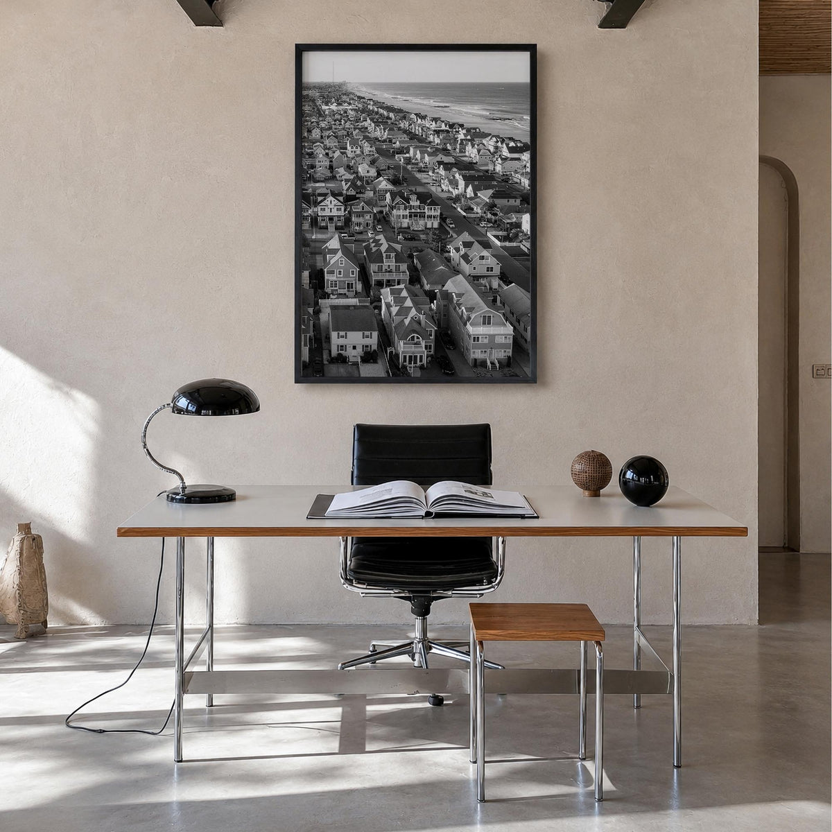 Jersey Shore black & white photo poster of New Jersey, USA – vertical wall art in black wood frame, hanging on wall