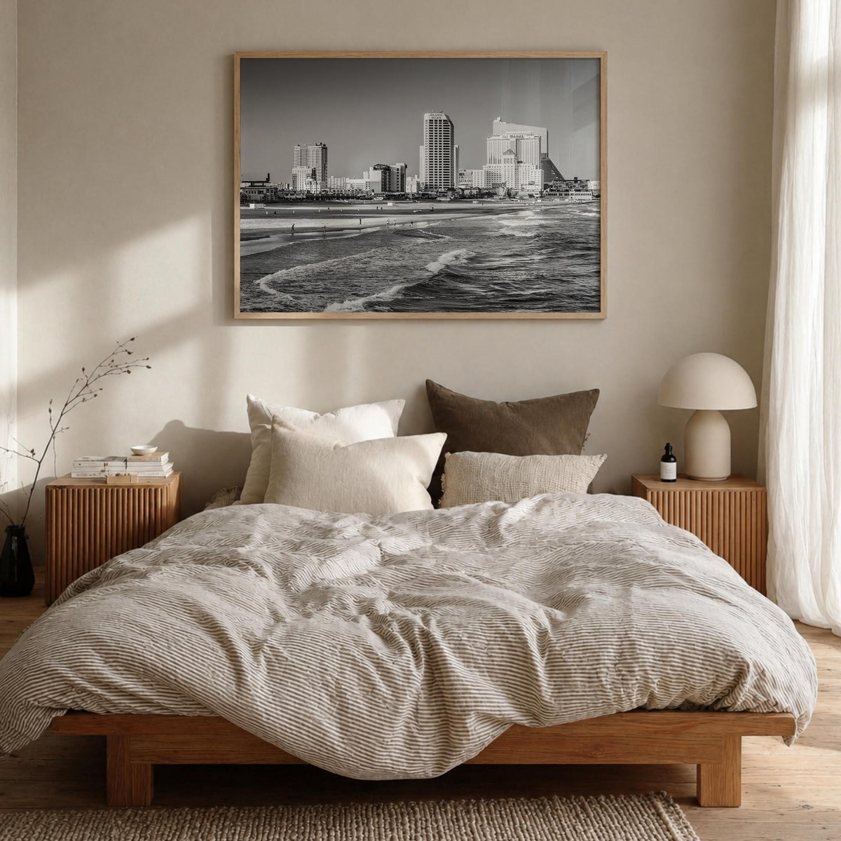 Jersey Shore black & white photo poster of New Jersey, USA – horizontal wall art in natural wood frame, hanging on wall