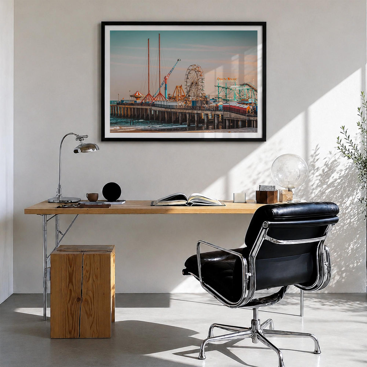 Jersey Shore colorful photo poster of New Jersey, USA – horizontal wall art in black wood frame with white border, hanging on