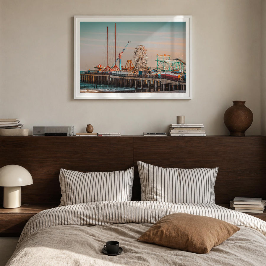 Jersey Shore colorful photo poster of New Jersey, USA – horizontal wall art in white wood frame with white border, hanging on