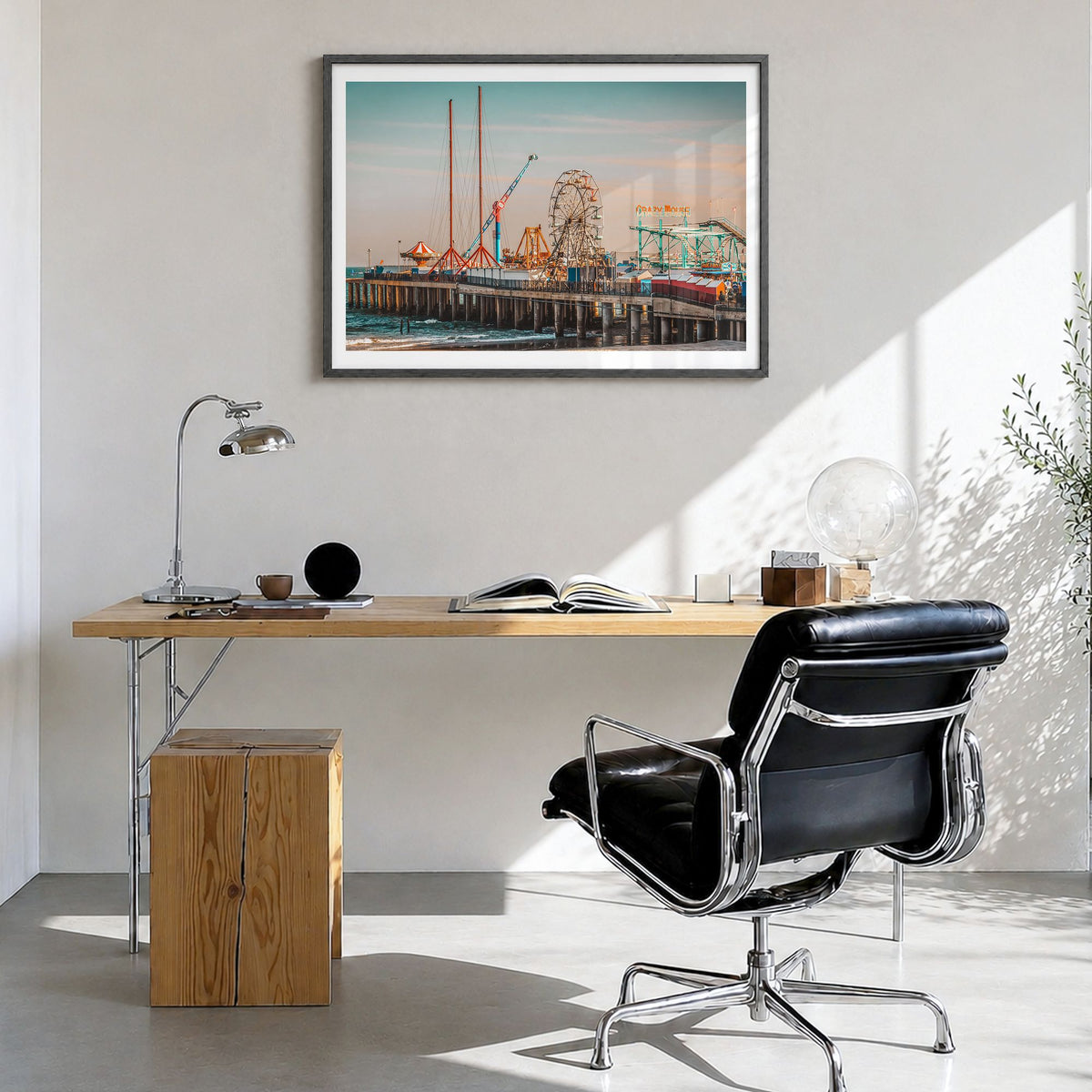 Jersey Shore Photo Poster in a black wood frame, hanging in a bright home office, white border
