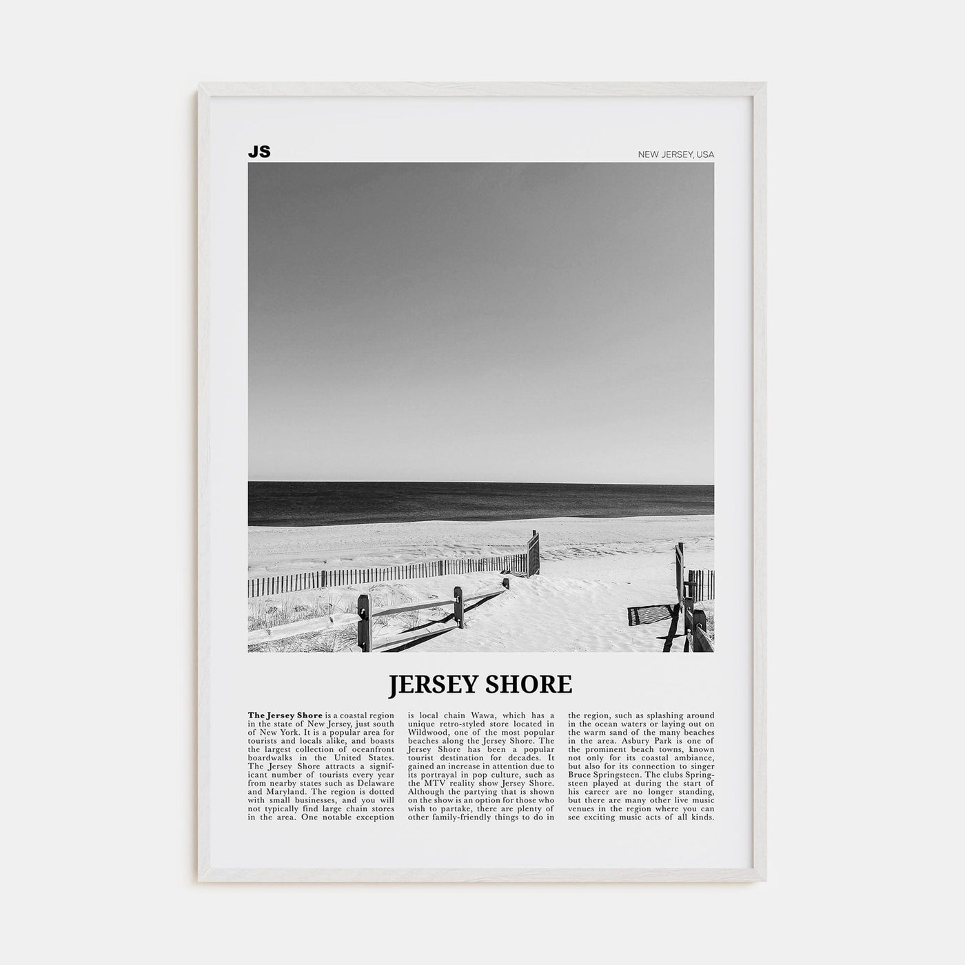 Jersey Shore No 1 Poster White Wood / 8x12 in Nbourhood Travel B&W Poster