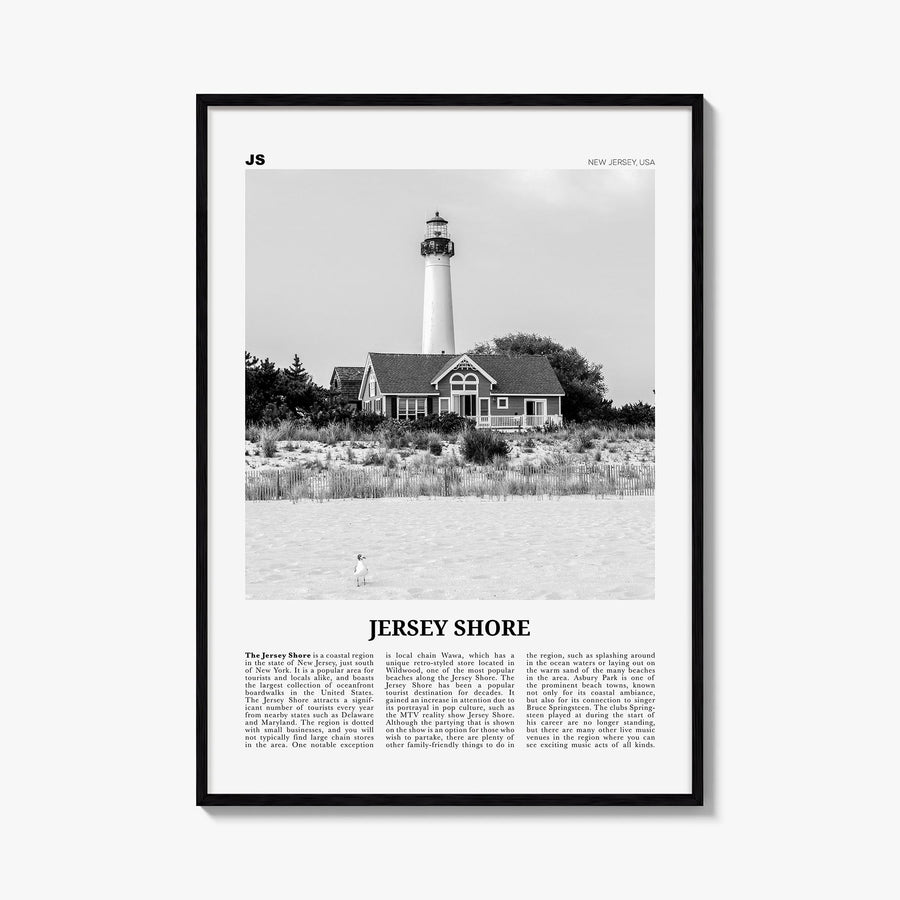 Jersey Shore no. 2 black & white newspaper poster of New Jersey, USA – vertical wall art, unframed print shown in interior mo