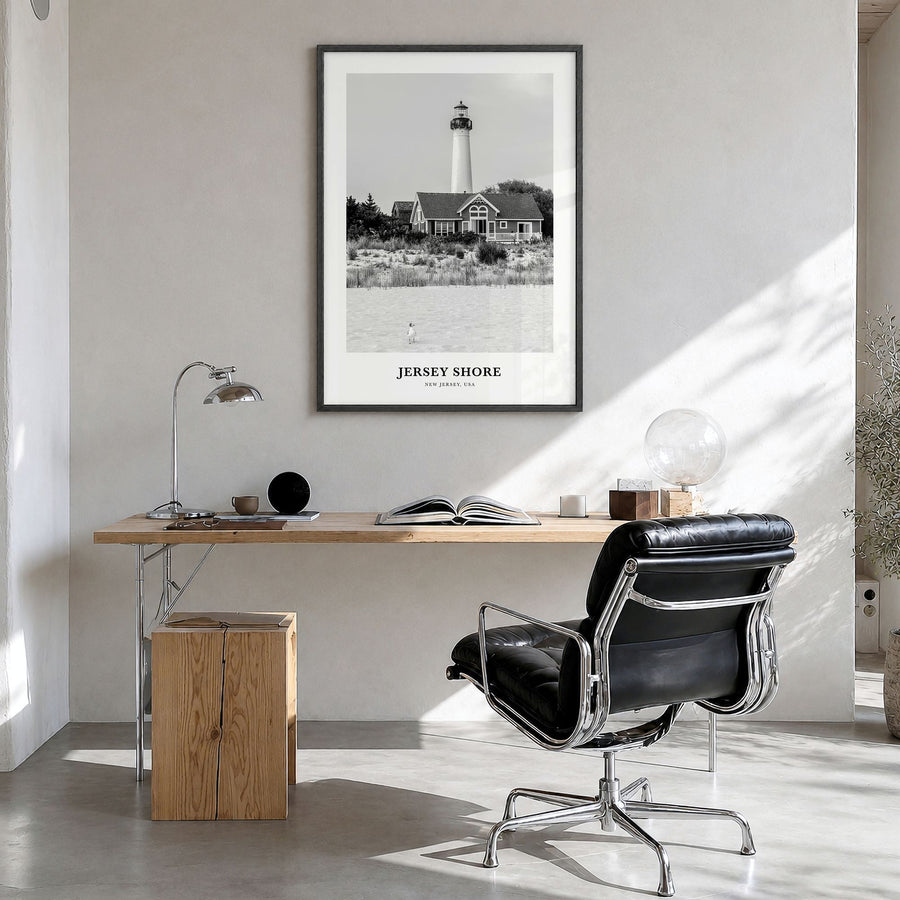 Jersey Shore Classic No 2 Poster in a black wood frame, hanging in a bright home office