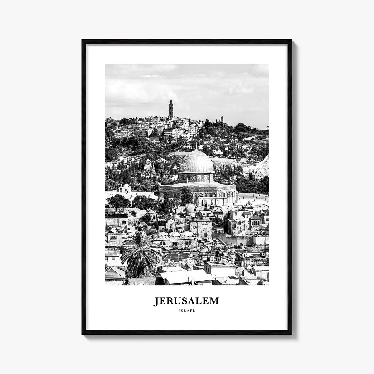 Jerusalem black & white classic poster of Middle East – vertical wall art, unframed print shown in interior mockup