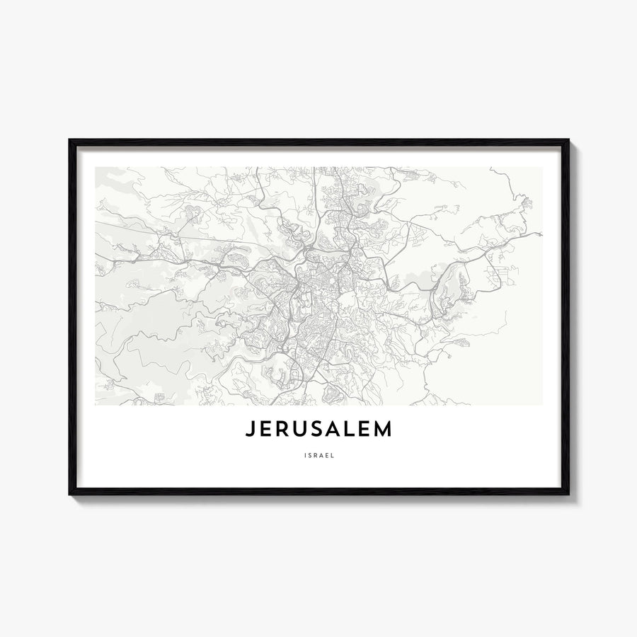 Jerusalem black & white map poster of Middle East – horizontal wall art, unframed print shown in interior mockup