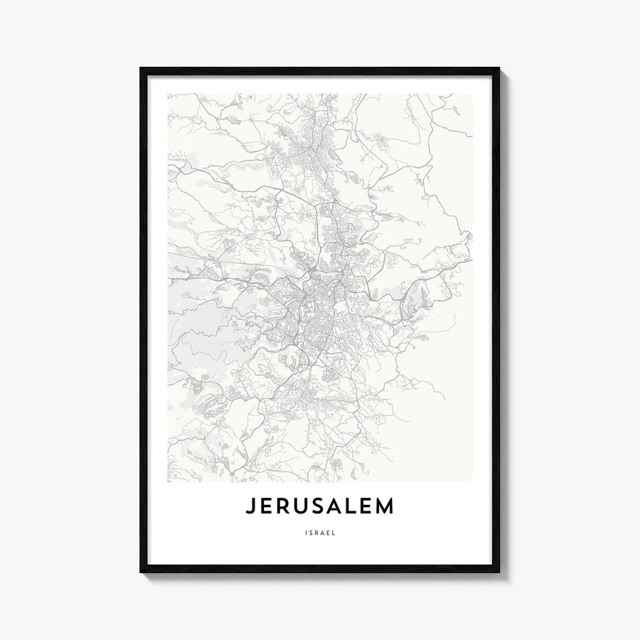 Jerusalem black & white map poster of Middle East – vertical wall art, unframed print shown in interior mockup