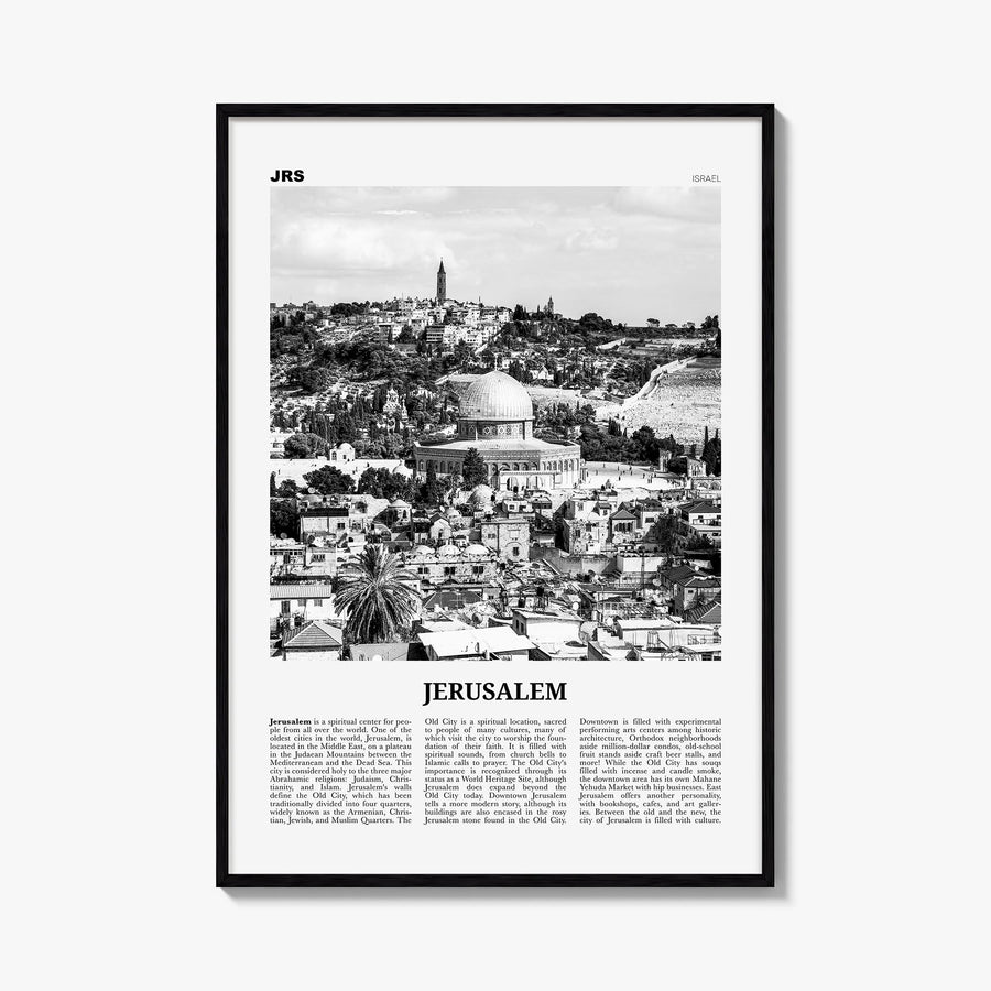 Jerusalem black & white newspaper poster of Middle East – vertical wall art, unframed print shown in interior mockup