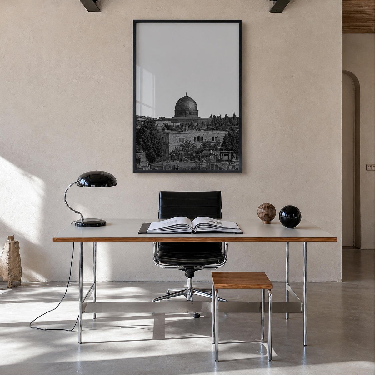 Jerusalem black & white photo poster of Middle East – vertical wall art in black wood frame, hanging on wall