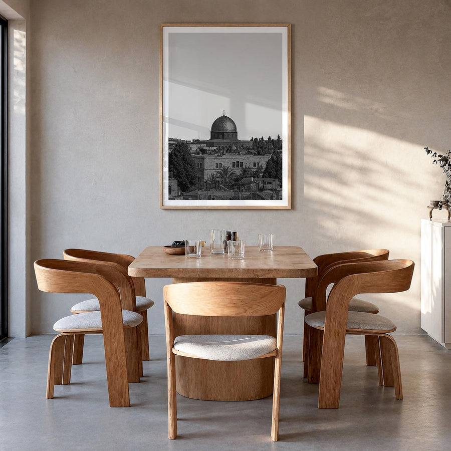 Jerusalem black & white photo poster of Middle East – vertical wall art in natural wood frame with white border, hanging on w
