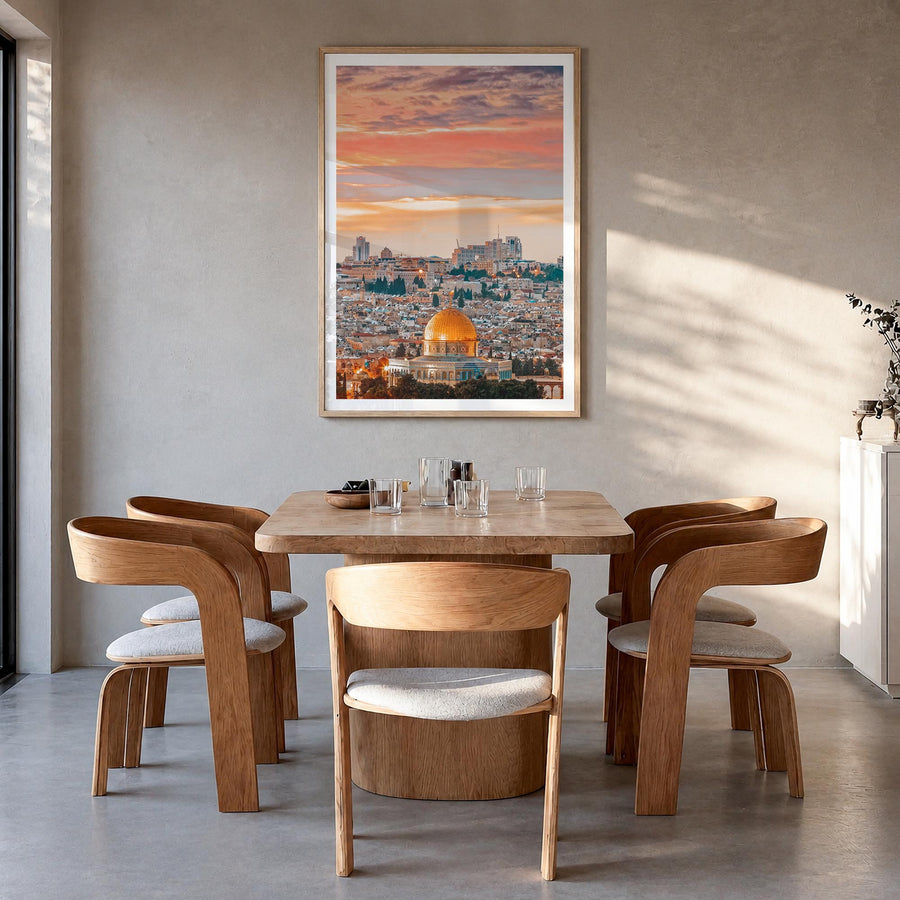 Jerusalem colorful photo poster of Middle East – vertical wall art in natural wood frame with white border, hanging on wall